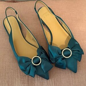 Crown & Ivy Teal Slingback Heels with Bow and Gem